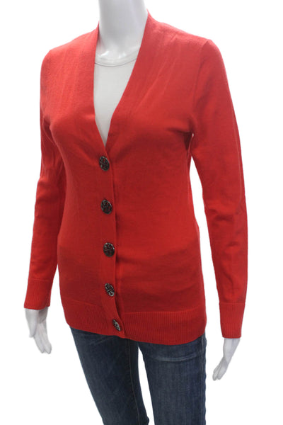 Tory Burch Womens 100% Merino Wool Red V-Neck Cardigan Long Sleeve Size S