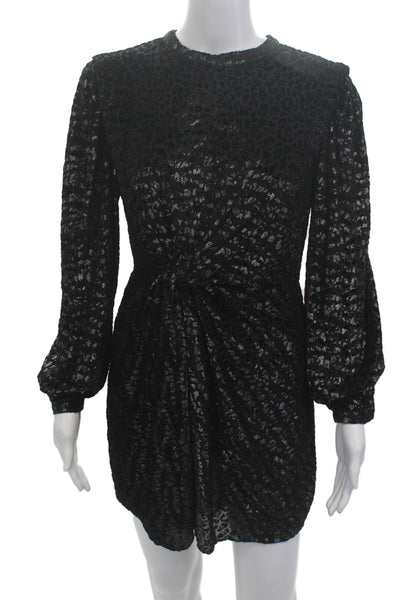 Allsaints Women Mini Shift Dress Black Leopard Crew Neck Long Sleeve Size 4