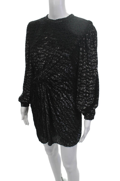 Allsaints Women Mini Shift Dress Black Leopard Crew Neck Long Sleeve Size 4