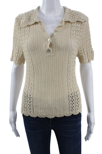 MNG Womens Henley Collared Short Sleeve Sweater Beige Size M