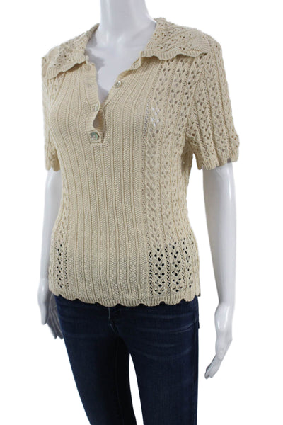 MNG Womens Henley Collared Short Sleeve Sweater Beige Size M