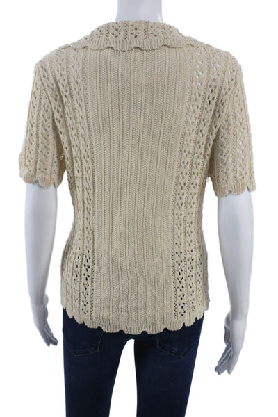 MNG Womens Henley Collared Short Sleeve Sweater Beige Size M