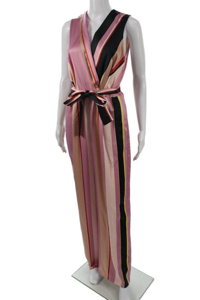MNG Women Striped Black V-Neck Wrap Maxi Dress Tie Sleeveless Size L