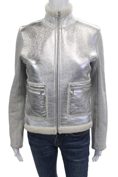 Majestic Filatures Women Bomber Jacket Gray Leather High Neck Zip Size 1