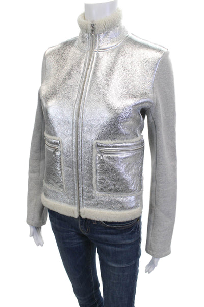 Majestic Filatures Women Bomber Jacket Gray Leather High Neck Zip Size 1