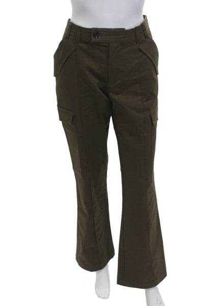Zara Womens Cargo Pants Green Cotton Button Inseam 33 Size M