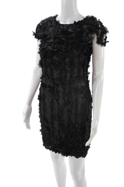 Talbot Runhof Womens Black Sheath Mini Dress Short Sleeve Round Neck Size 34