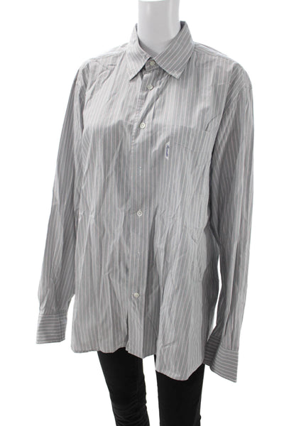 Faconnable Mens Dress Shirt Gray Striped Cotton Collared Long Sleeve Size 16