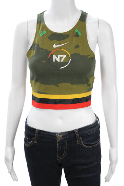 Nike Women Cropped Jersey Tank Sleeveless Crewneck Camouflage Green Cotton Size