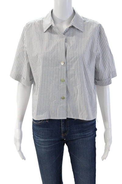 Vince Womens Cropped Button-Up Collared Short Sleeve White Cotton Check Size XS