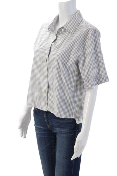 Vince Womens Cropped Button-Up Collared Short Sleeve White Cotton Check Size XS