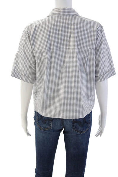 Vince Womens Cropped Button-Up Collared Short Sleeve White Cotton Check Size XS