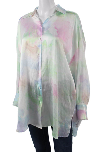 Zara Womens Tunic Button Up Blouse Light Blue Collared Long Sleeve Size M