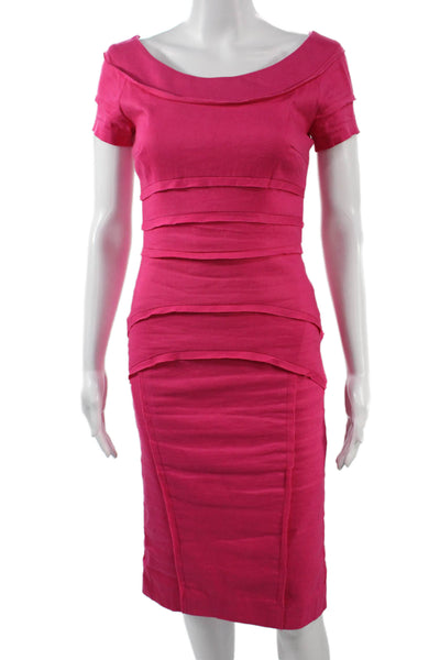 Nicole Miller Women Bodycon Midi Dress Pink Zip Short Sleeve Size 4