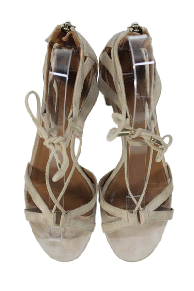 Aquazzura Womens Suede Strappy Lace Up Sandal Heels Beige Size 36 6