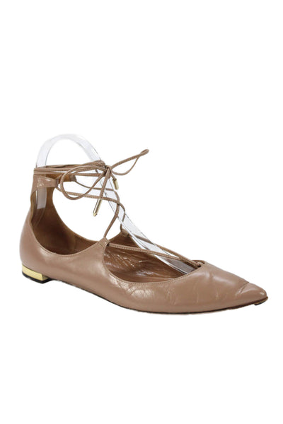 Aquazzura Womens Leather Lace Up Pointed Toe Ballet Flats Beige Size 36 6