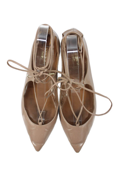 Aquazzura Womens Leather Lace Up Pointed Toe Ballet Flats Beige Size 36 6