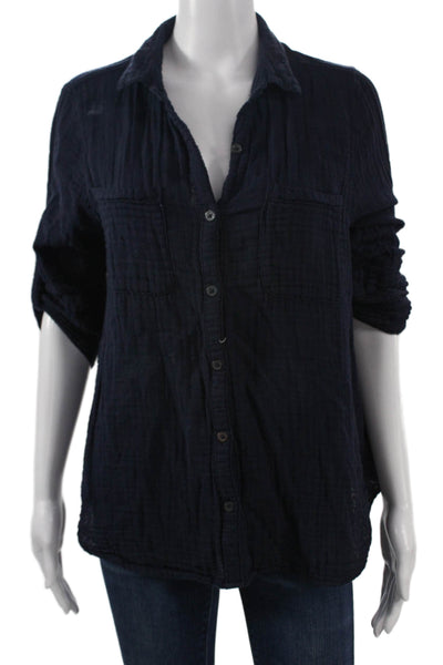 Felicite Women Dark Blue Collared Long Sleeve Button-Up 100% Cotton Size 3