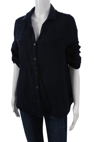 Felicite Women Dark Blue Collared Long Sleeve Button-Up 100% Cotton Size 3