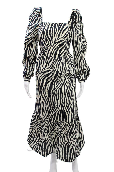 Y.A.S Womens Maxi Dress Black Zebra Square Neck Long Sleeve Cotton Blend Size S