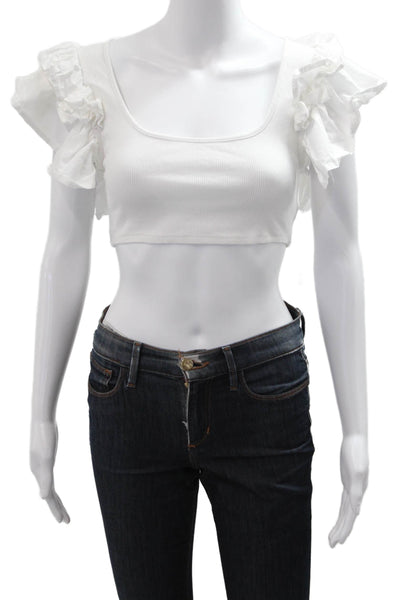 Zara Womens Cropped Sleeveless Square Neck White Cotton Top Size S
