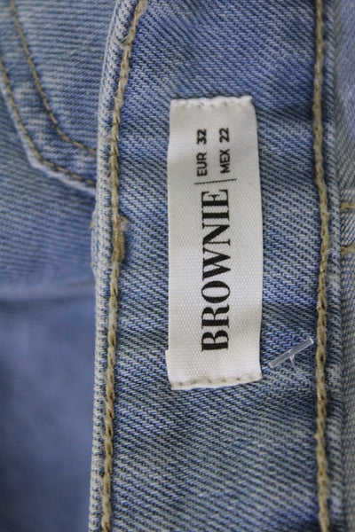 Brownie Womens Mom Cropped Jeans Light Blue Mid Rise Button Size 32