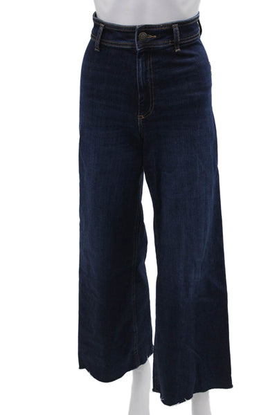 Zara Womens Cropped Wide-Leg Jeans Dark Blue Button Mid Rise Size 2
