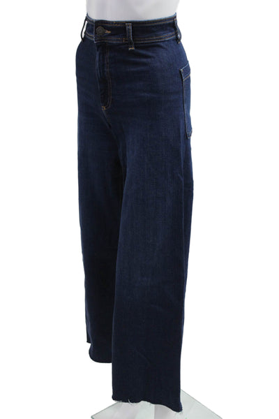 Zara Womens Cropped Wide-Leg Jeans Dark Blue Button Mid Rise Size 2