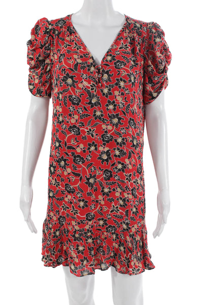 Parker Womens Shift Dress Red Silk V-Neck Short Sleeve Floral Long Size S