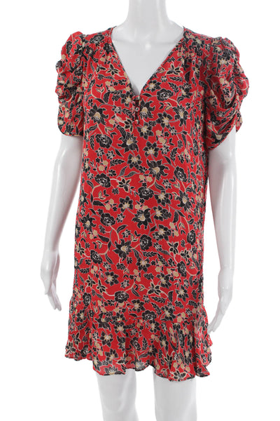 Parker Womens Shift Dress Red Silk V-Neck Short Sleeve Floral Long Size S