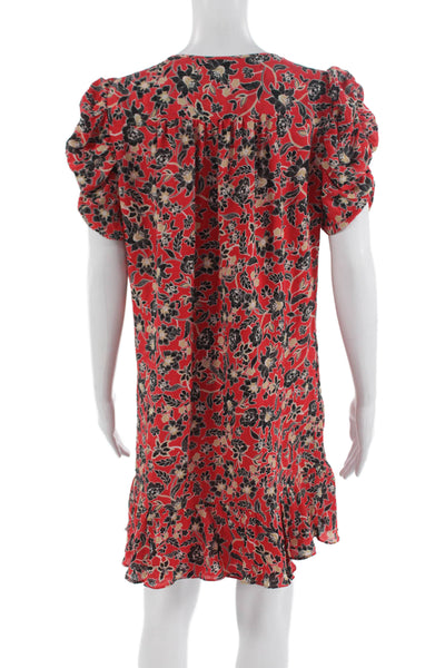 Parker Womens Shift Dress Red Silk V-Neck Short Sleeve Floral Long Size S