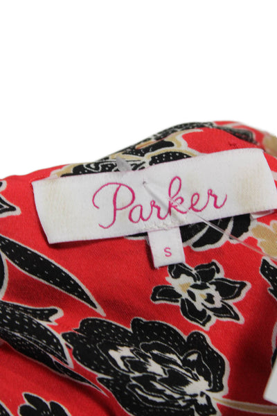Parker Womens Shift Dress Red Silk V-Neck Short Sleeve Floral Long Size S
