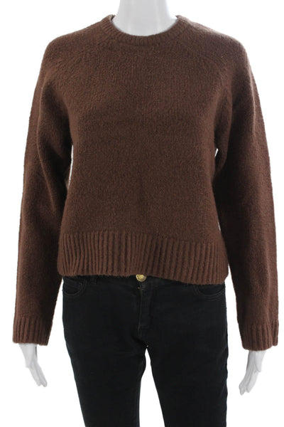 Open Edit Womens Pullover Sweater Brown Crew Neck Button Long Sleeve Size 2XS