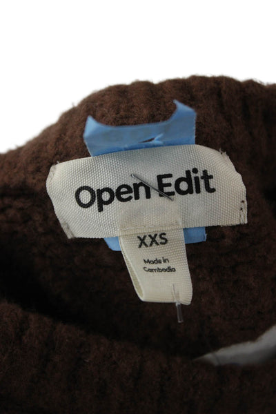 Open Edit Womens Pullover Sweater Brown Crew Neck Button Long Sleeve Size 2XS