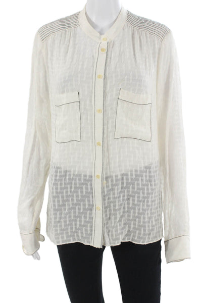 BCBGMAXAZRIA Women Button-Up Herringbone Silk Blouse Long Sleeve Size L