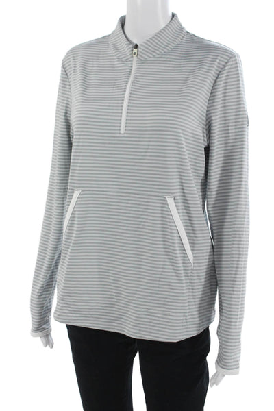 Foot Joy Women Basic Mock Neck Striped Zip Long Sleeve Top Gray Size M
