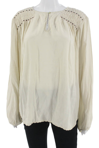 Flannel Women Beige Silk Tunic Long Sleeve Button Bohemian Size L