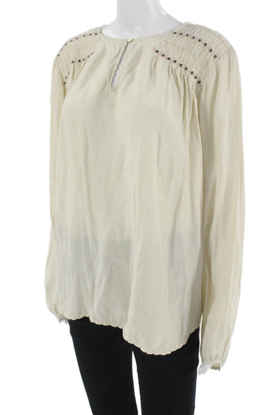 Flannel Women Beige Silk Tunic Long Sleeve Button Bohemian Size L