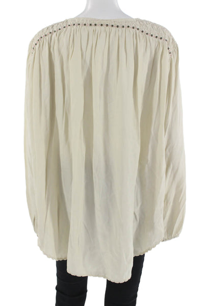 Flannel Women Beige Silk Tunic Long Sleeve Button Bohemian Size L
