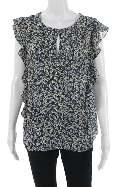 J Crew Women Dark Blue Floral Round Neck Sleeveless Blouse Polyester Size 12
