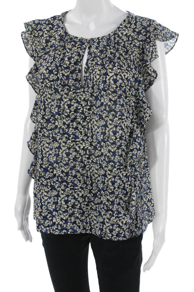 J Crew Women Dark Blue Floral Round Neck Sleeveless Blouse Polyester Size 12