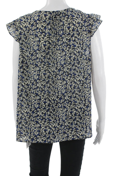 J Crew Women Dark Blue Floral Round Neck Sleeveless Blouse Polyester Size 12