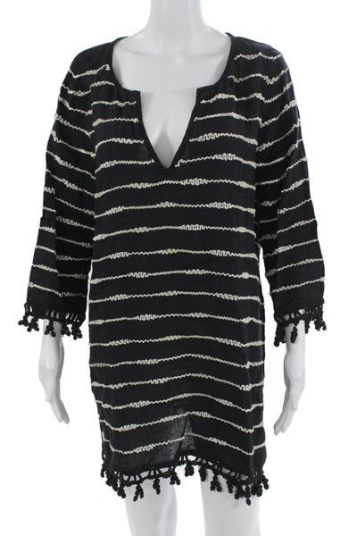 Calypso Saint Barth Womens Kaftan Linen Striped Vneck Knee Length Black Size L