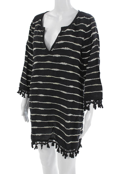Calypso Saint Barth Womens Kaftan Linen Striped Vneck Knee Length Black Size L