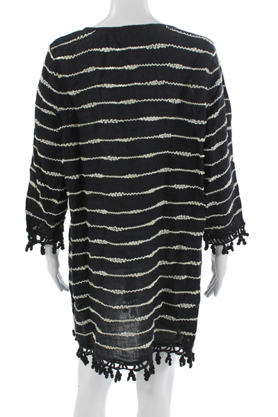 Calypso Saint Barth Womens Kaftan Linen Striped Vneck Knee Length Black Size L