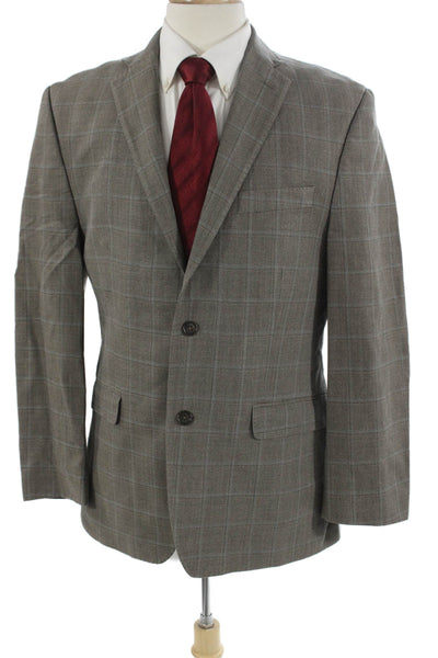 Calvin Klein Mens Gray Wool Blend Check Suit Jacket Button Collared Size 40