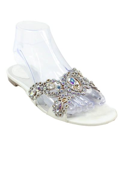 Rene Caovilla Womens Leather Rhinestone Embellish Slide Sandals Silver Size 8.5