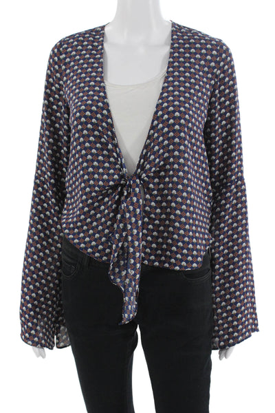 Olivaceous Women Dark Blue Floral V-Neck Long Sleeve Bohemian Blouse Size S