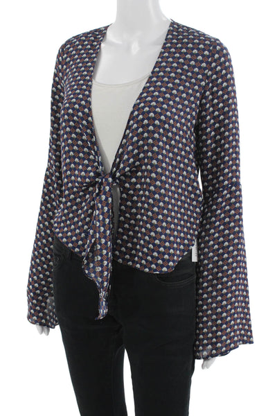 Olivaceous Women Dark Blue Floral V-Neck Long Sleeve Bohemian Blouse Size S