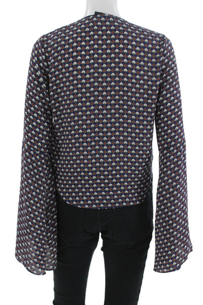 Olivaceous Women Dark Blue Floral V-Neck Long Sleeve Bohemian Blouse Size S